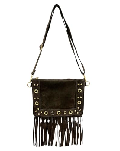 Wildleder Rauhleder Umhängetasche mit Fransen Veloursleder Tasche Leder Leo Made in Italy (Niete Schoko) von Jeamis