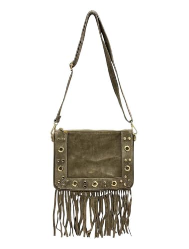 Wildleder Rauhleder Umhängetasche mit Fransen Veloursleder Tasche Leder Leo Made in Italy (Niete Taupe) von Jeamis