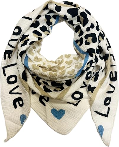 XL Dreieck Strickschal Herz Leopard Frühling Schal 100% Baumwolle Made in Italy Fashion Tuch Dreieckschal Stola Herbst Frühling Tuch Leo Love is Love Happy (Beige) von Jeamis