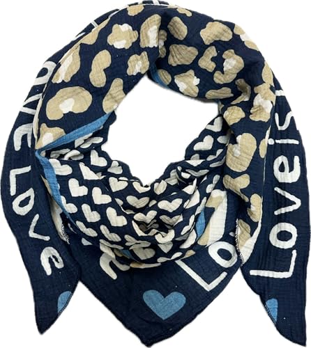 XL Dreieck Strickschal Herz Leopard Frühling Schal 100% Baumwolle Made in Italy Fashion Tuch Dreieckschal Stola Herbst Frühling Tuch Leo Love is Love Happy (Dunkelblau) von Jeamis