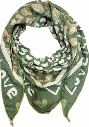 XL Dreieck Strickschal Herz Leopard Frühling Schal 100% Baumwolle Made in Italy Fashion Tuch Dreieckschal Stola Herbst Frühling Tuch Leo Love is Love Happy (Dunkelgrün) von Jeamis