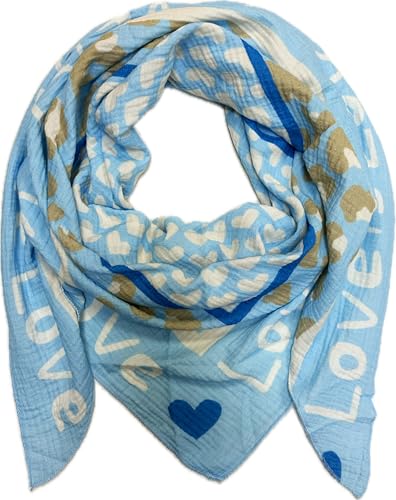 XL Dreieck Strickschal Herz Leopard Frühling Schal 100% Baumwolle Made in Italy Fashion Tuch Dreieckschal Stola Herbst Frühling Tuch Leo Love is Love Happy (Hellblau) von Jeamis