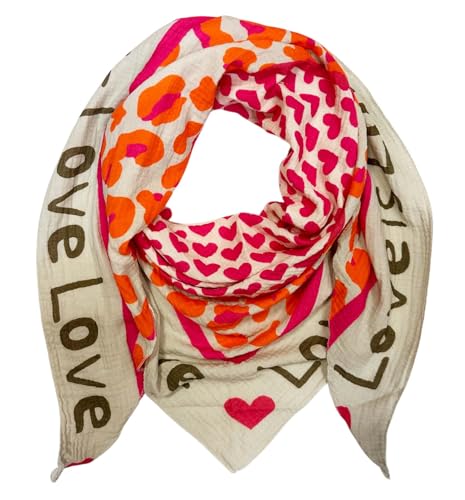 XL Dreieck Strickschal Herz Leopard Frühling Schal 100% Baumwolle Made in Italy Fashion Tuch Dreieckschal Stola Herbst Frühling Tuch Leo Love is Love Happy (Love BeigePink) von Jeamis