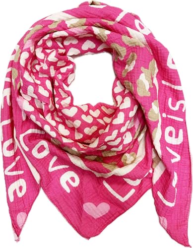 XL Dreieck Strickschal Herz Leopard Frühling Schal 100% Baumwolle Made in Italy Fashion Tuch Dreieckschal Stola Herbst Frühling Tuch Leo Love is Love Happy (Love Pink) von Jeamis