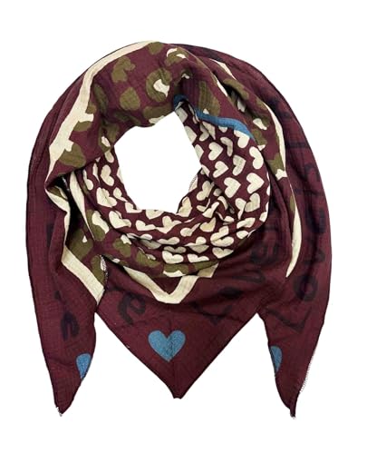 XL Dreieck Strickschal Herz Leopard Frühling Schal 100% Baumwolle Made in Italy Fashion Tuch Dreieckschal Stola Herbst Frühling Tuch Leo Love is Love Happy (Love Weinrot) von Jeamis