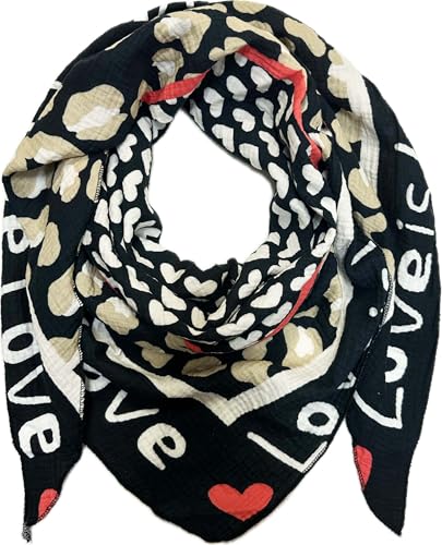 XL Dreieck Strickschal Herz Leopard Frühling Schal 100% Baumwolle Made in Italy Fashion Tuch Dreieckschal Stola Herbst Frühling Tuch Leo Love is Love Happy (Schwarz) von Jeamis
