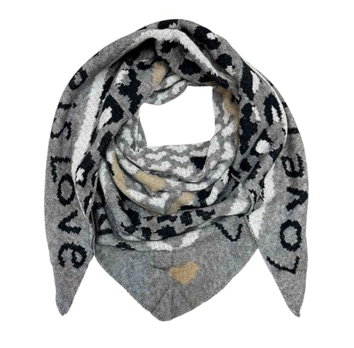 XXL Dreieck Strickschal Love Leopard Muster Warmer Winter Schal Fashion Tuch Herbst Frühling Schlauchschal Dreieckschal Stola Wolle Tuch (Grau) von Jeamis