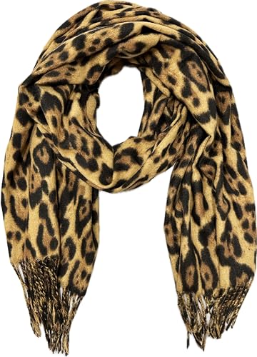XXL Leopard Winter Herbst Schal Stola Tuch Übergangsschal Wolle Baumwolle mit Fransen Leo (Braun) von Jeamis