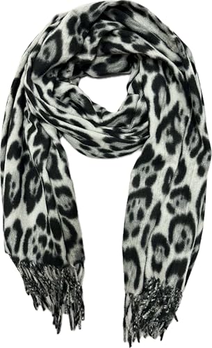 XXL Leopard Winter Herbst Schal Stola Tuch Übergangsschal Wolle Baumwolle mit Fransen Leo (Schwarz) von Jeamis