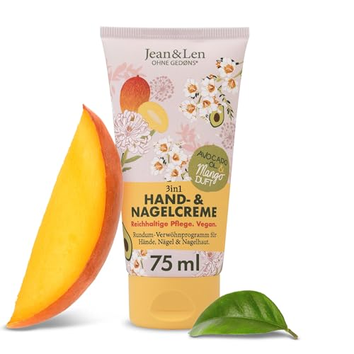 Jean & Len Hand- & Nagelcreme Mango & Avocado, vegane Pflegeformel mit Shea- und Kakaobutter, reichhaltige Pflege, fruchtiger Mango-Duft, vegane Handpflege, ohne Parabene & Silikone, 75 ml von Jean & Len