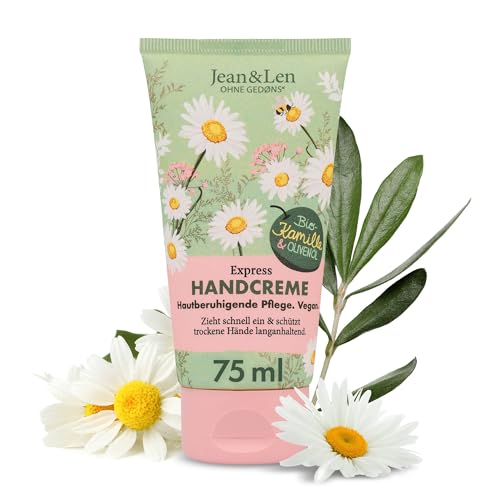 Jean & Len Handcreme Kamille & Olivenöl, vegane Pflegeformel mit Bio-Kamillenblüten Extrakt & Olivenöl, hautberuhigend, zieht schnell ein, vegane Handpflege, ohne Parabene & Silikone, 75 ml von Jean & Len
