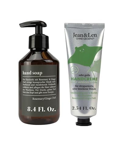 Jean & Len Handseife flüssig | Würzig-frischer Duft Rosemary & Ginger & Sehr geile Handcreme Rosemary & Ginger Hautschonende, beruhigende Handcreme schnell einziehend | 75 ml Handbalsam von Jean & Len