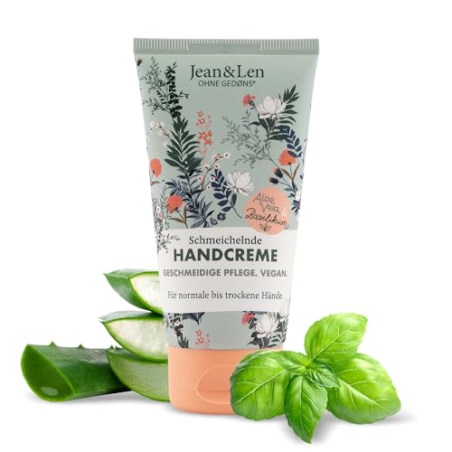 Jean & Len – Schmeichelnde Handcreme Aloe Vera & Basilikum, Handpflege für normale bis trockene Hände, pflegt intensiv, ohne Parabene und Silikone, vegan, Handcreme Tube, 75 ml von Jean & Len