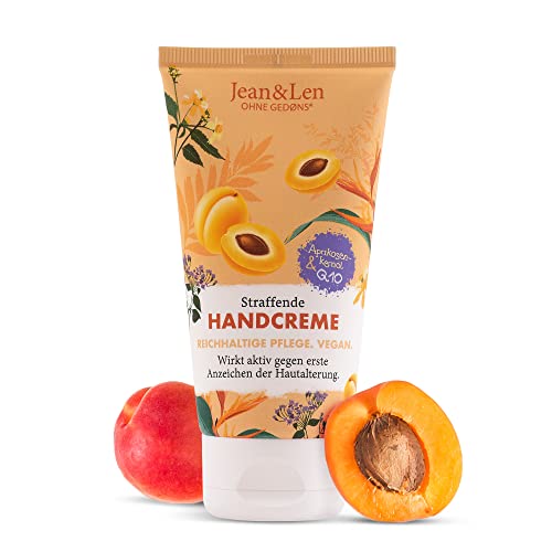 Jean & Len Straffende Handcreme Aprikosenkernöl/Q10, reichhaltige Pflege, Wirkt aktiv gegen erste Anzeichen der Hautalterung, für trockene Hände, ohne Parabene & Silikone, Handcreme Tube, 75 ml von Jean & Len