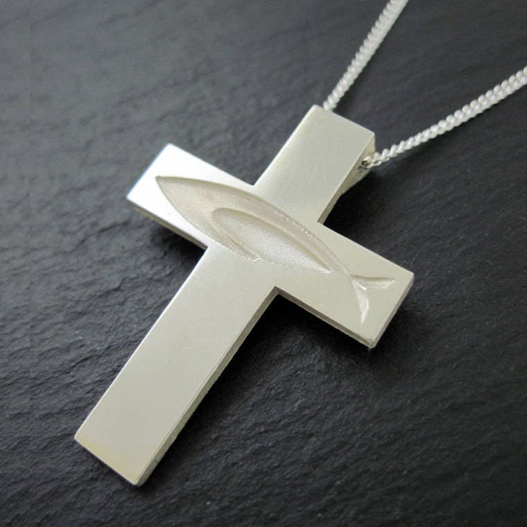 Ichthus Kreuz Halskette, Christian Fisch Anhänger Mit 20 "Oder 24" Kette in Silber - Spiritus Jewelry Collection von JeanDesignsJewelry