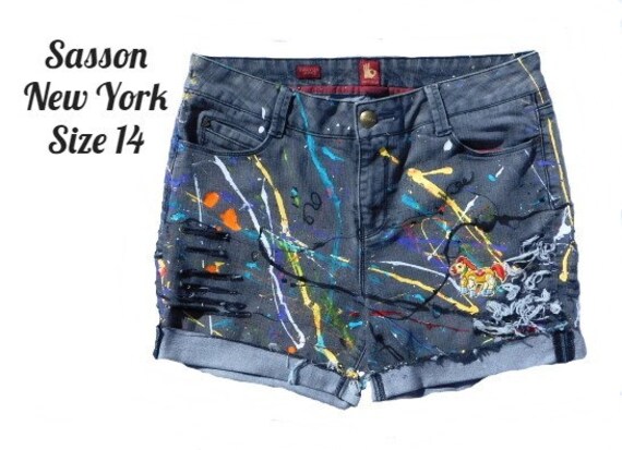 High Waisted Jeans Shorts -Größe 14 Shorts, Boho -Ooak -Handbemalte -Schwarze Shorts -Freie -# 11 von JeanniesArtToWear