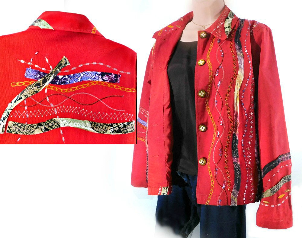 Rote Jacke, Verzierte Rote Boho-Jacke, Roter Mantel, Bestickte Upcycled #3 von JeanniesArtToWear