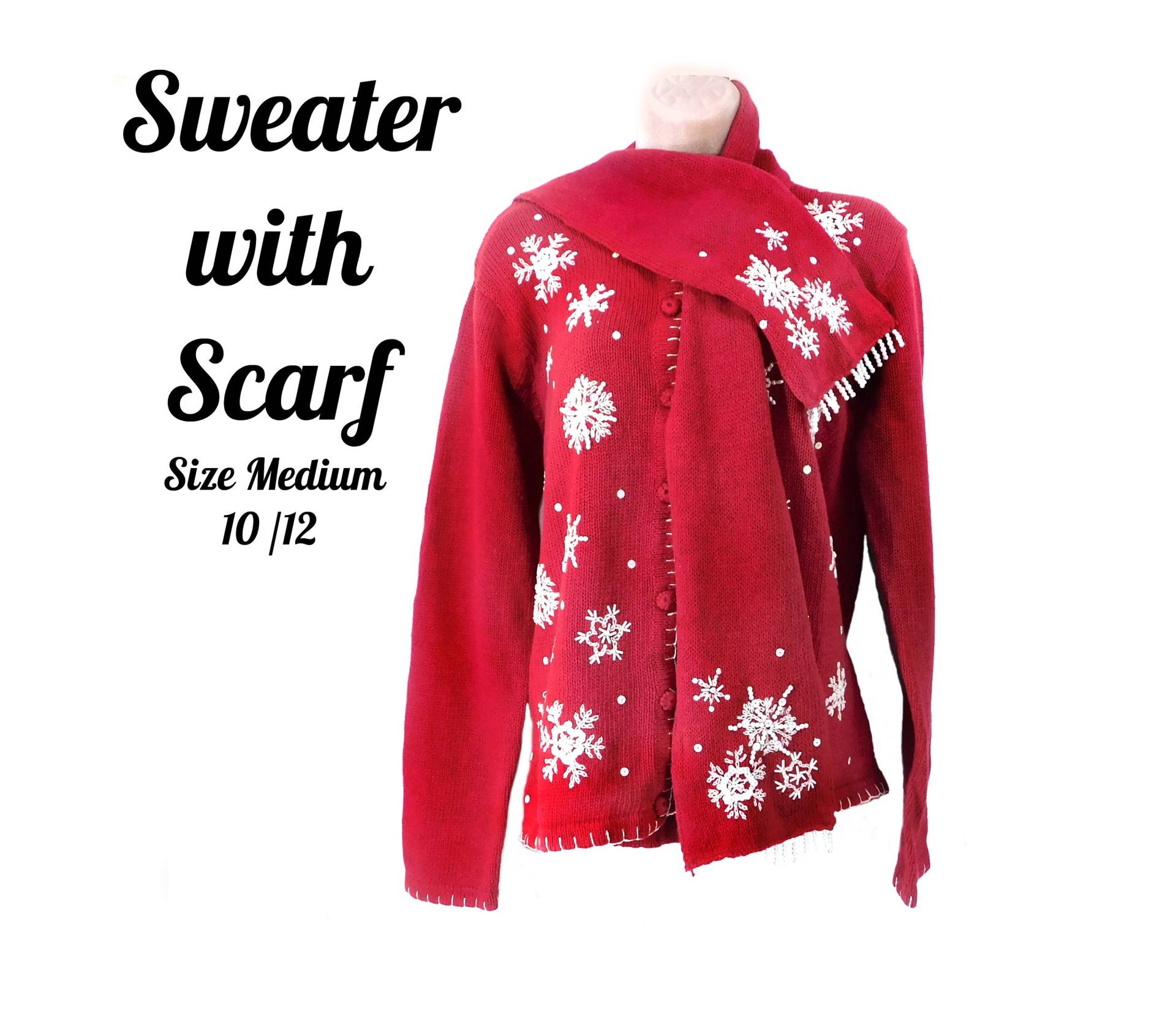 Vintage Weihnachts-strickjacke, Roter Weihnachten-Schneeflockenpullover, Pullover Mit Schal - Hässlicher Weihnachtspullover Feiertagspullover von JeanniesArtToWear