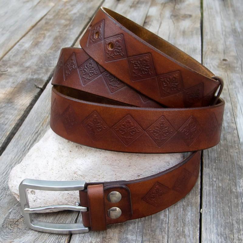 Ledergürtel, Rustikaler Jeans-Ledergürtel, Hand Gefärbt Und Gestempelt, Hochwertiges Pflanzlich Gegerbtes Leder, Edelstahlschnalle von JeansBelt