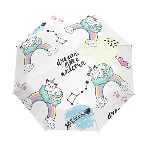 Jeansame Katzen-Einhorn-Regenschirm, faltbar, kompakt, automatischer Regenschirm für Damen, Herren, Kinder, Jungen, Mädchen von Jeansame
