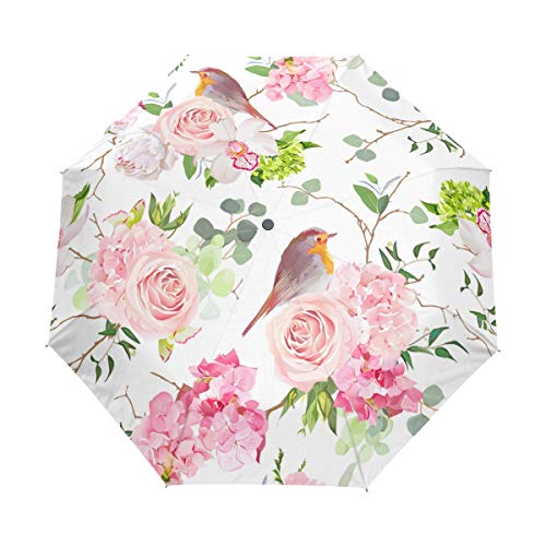 Jeansame Rose Regenschirm für Rotkehlchen, Vögel, Blumen, Frühling, faltbar, kompakt, automatischer Regenschirm für Damen, Herren, Jungen, Mädchen von Jeansame