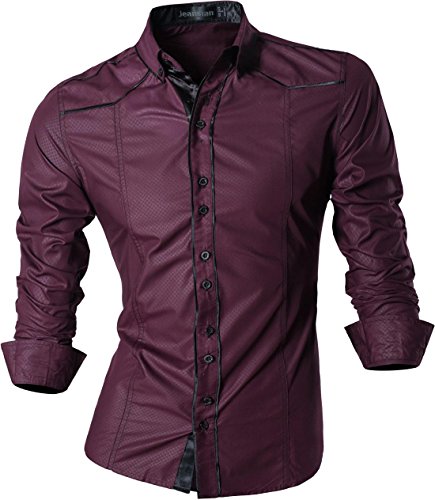 jeansian Herren Freizeit Hemden Shirt Tops Mode Langarmshirts Slim Fit Z034 WineRed M von jeansian