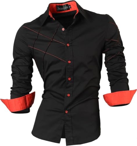 jeansian Herren Freizeit Hemden Shirt Tops Mode Langarmlig Men's Casual Dress Slim Fit 2028 Black L von jeansian