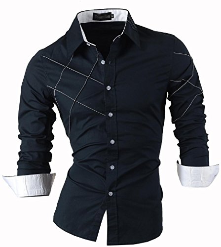 jeansian Herren Freizeit Hemden Shirt Tops Mode Langarmlig Men's Casual Dress Slim Fit 2028_DarkBlue_L von jeansian