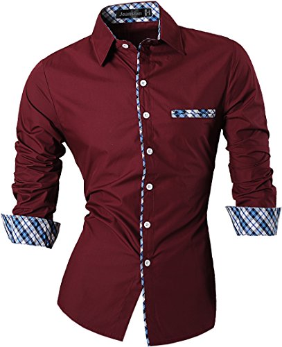 jeansian Herren Freizeit Hemden Shirt Tops Mode Langarmlig Men's Casual Dress Slim Fit (USA L, Z020_WineRed) von jeansian