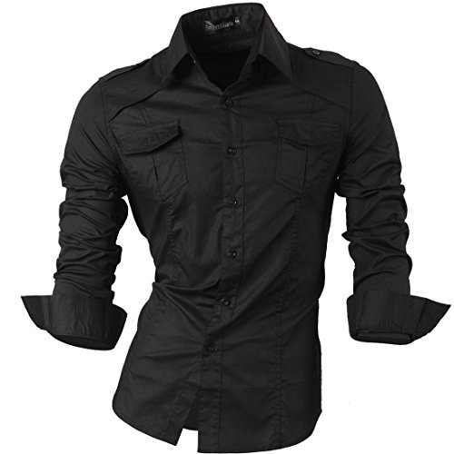 jeansian Herren Freizeit Hemden Shirt Tops Mode Langarmshirts Slim Fit 8001 Black XL von jeansian