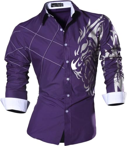 jeansian Herren Freizeit Hemden Shirt Tops Mode Langarmlig Men's Casual Dress Slim Fit Z030 Purple L von jeansian