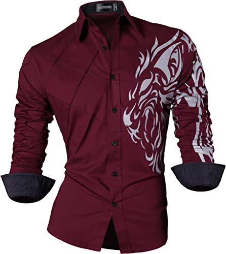 jeansian Herren Freizeit Hemden Shirt Tops Mode Langarmlig Men's Casual Dress Slim Fit Z030 WineRed XL von jeansian