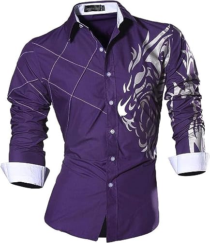 jeansian Herren Freizeit Hemden Shirt Tops Mode Langarmlig Men's Casual Dress Slim Fit Z001 Purple XL von jeansian