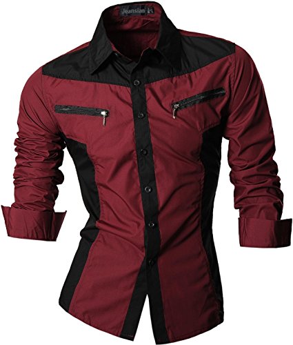 jeansian Herren Freizeit Hemden Shirt Tops Mode Langarmshirts Slim Fit Z018 WineRed XL von jeansian