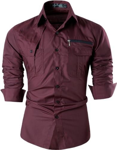 jeansian Herren Freizeit Hemden Shirt Tops Mode Langarmshirts Slim Fit 8371 WineRed XL von jeansian