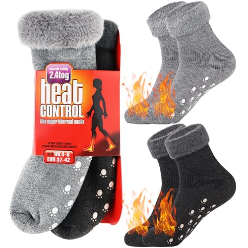 Jeasona 2 Paare Kuschelsocken Damen 37-42 mit Stopper Thermosocken Damen Bunt Warme Socken Damen Antirutsch Dicke Socken Damen Wintersocken Damen 39-42 Warm ABS Stoppersocken Damen mit Noppen von Jeasona
