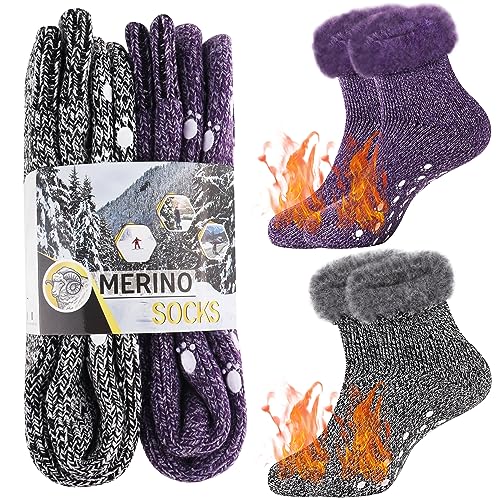 Jeasona 2 Paare Wollsocken Damen 37-42 Abs Merino Socken Damen Kuschelsocken Damen mit Stopper Antirutsch Thermosocken Damen Wandern Dicke Socken Damen 37-42 mit Noppen Wintersocken Wärmesocken von Jeasona