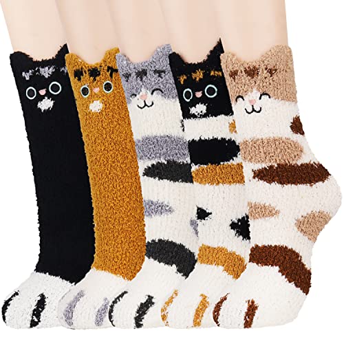 Jeasona 5 Paare Katzen Socken Damen Kuschelsocken Damen Flauschig Weihnachtssocken Damen Flauschige Socken Warme Wintersocken Bettsocken Damen Geschenk Weihnachtsgeschenke für Frauen Mama Oma Freundin von Jeasona