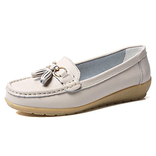 JeathFea Lässige Damen Loafer mit Flacher Metallschnalle, Bequeme, leichte Penny Loafer für Damen Leder Slip on Outdoor Moccasion Bootsschuhe von JeathFea