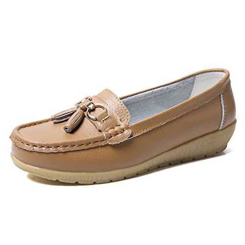 JeathFea Lässige Damen Loafer mit Flacher Metallschnalle, Bequeme, leichte Penny Loafer für Damen Leder Slip on Outdoor Moccasion Bootsschuhe von JeathFea