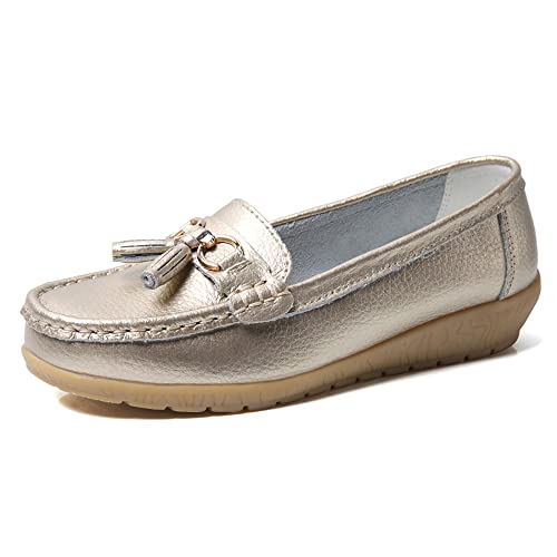 JeathFea Lässige Damen Loafer mit Flacher Metallschnalle, Bequeme, leichte Penny Loafer für Damen Leder Slip on Outdoor Moccasion Bootsschuhe von JeathFea