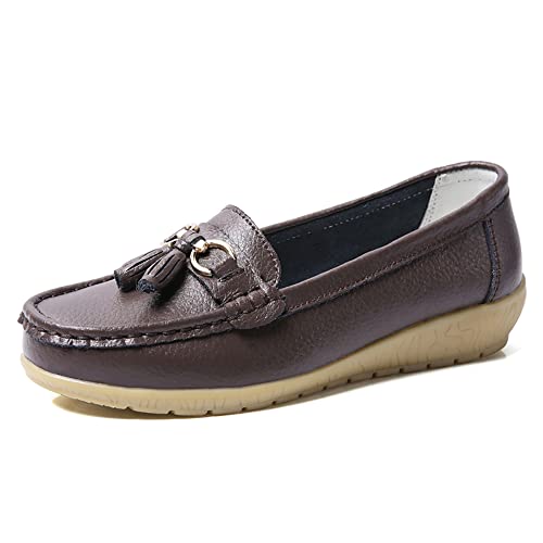 JeathFea Lässige Damen Loafer mit Flacher Metallschnalle, Bequeme, leichte Penny Loafer für Damen Leder Slip on Outdoor Moccasion Bootsschuhe von JeathFea