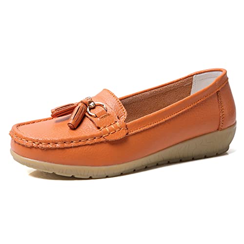 JeathFea Lässige Damen Loafer mit Flacher Metallschnalle, Bequeme, leichte Penny Loafer für Damen Leder Slip on Outdoor Moccasion Bootsschuhe von JeathFea