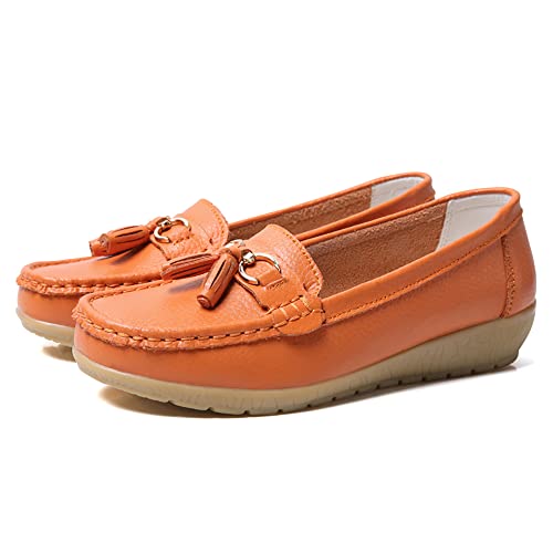 JeathFea Lässige Damen Loafer mit Flacher Metallschnalle, Bequeme, leichte Penny Loafer für Damen Leder Slip on Outdoor Moccasion Bootsschuhe von JeathFea