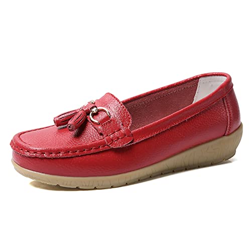 JeathFea Lässige Damen Loafer mit Flacher Metallschnalle, Bequeme, leichte Penny Loafer für Damen Leder Slip on Outdoor Moccasion Bootsschuhe von JeathFea