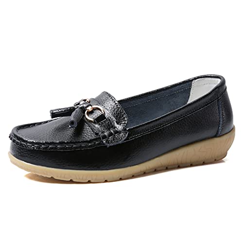 JeathFea Lässige Damen Loafer mit Flacher Metallschnalle, Bequeme, leichte Penny Loafer für Damen Leder Slip on Outdoor Moccasion Bootsschuhe von JeathFea