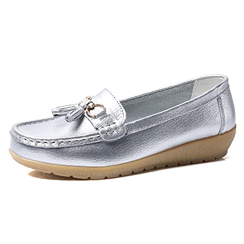 JeathFea Lässige Damen Loafer mit Flacher Metallschnalle, Bequeme, leichte Penny Loafer für Damen Leder Slip on Outdoor Moccasion Bootsschuhe von JeathFea