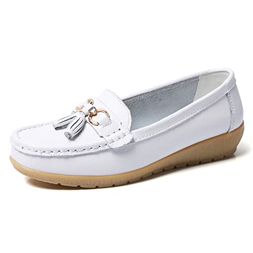 JeathFea Lässige Damen Loafer mit Flacher Metallschnalle, Bequeme, leichte Penny Loafer für Damen Leder Slip on Outdoor Moccasion Bootsschuhe von JeathFea