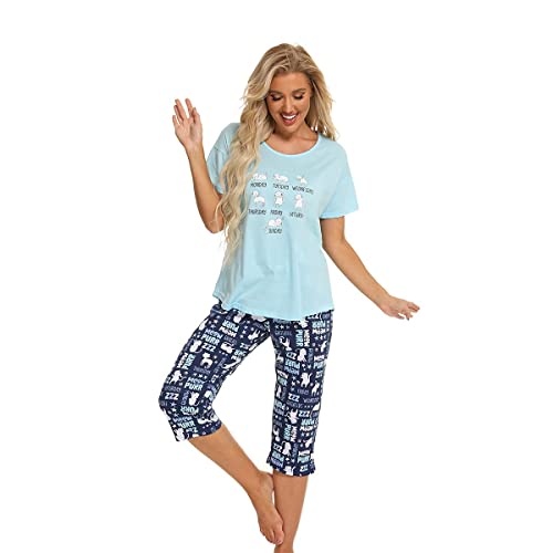 Jecarden Damen Schlafanzug Zweiteiliger Pyjama Sommer Nachthemd Kurzärmeliges Hausanzug Baumwolle Sleepwear Nachtwäsche Oberteil und Hose Karikatur Katze für Damen Junges Mädchen von Jecarden