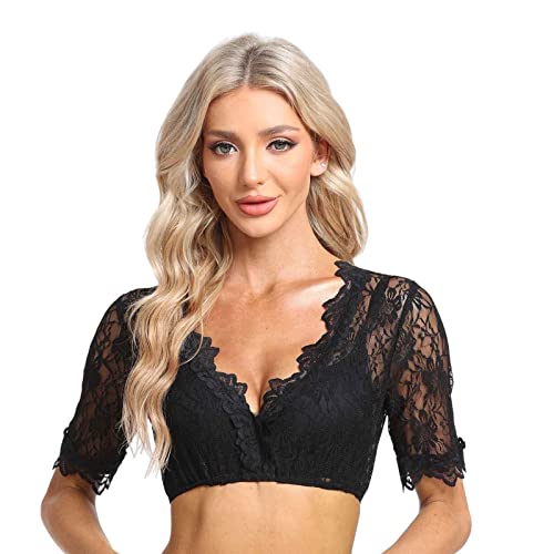 Jecarden Damen Dirndlbluse Spitze Trachten Dirndlbluse Kurzarm Oktoberfest Dirndlblusen Halbarm Tracht Bluse Schwarz 34 von Jecarden